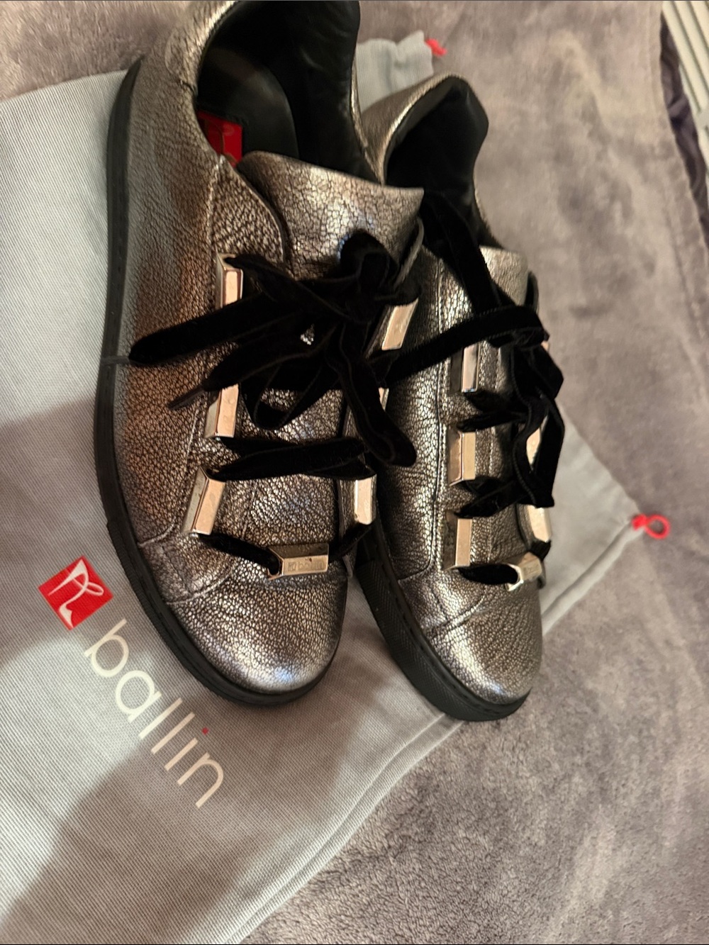 Ballin Sneakers Metallic Gray with Black Velvet Laces Sz 9 Made in Italy